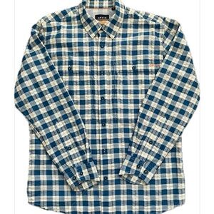Orvis Men’s Button Up Long Sleeve Shirt Blue/White/Red Plaid Poly blend M - EUC